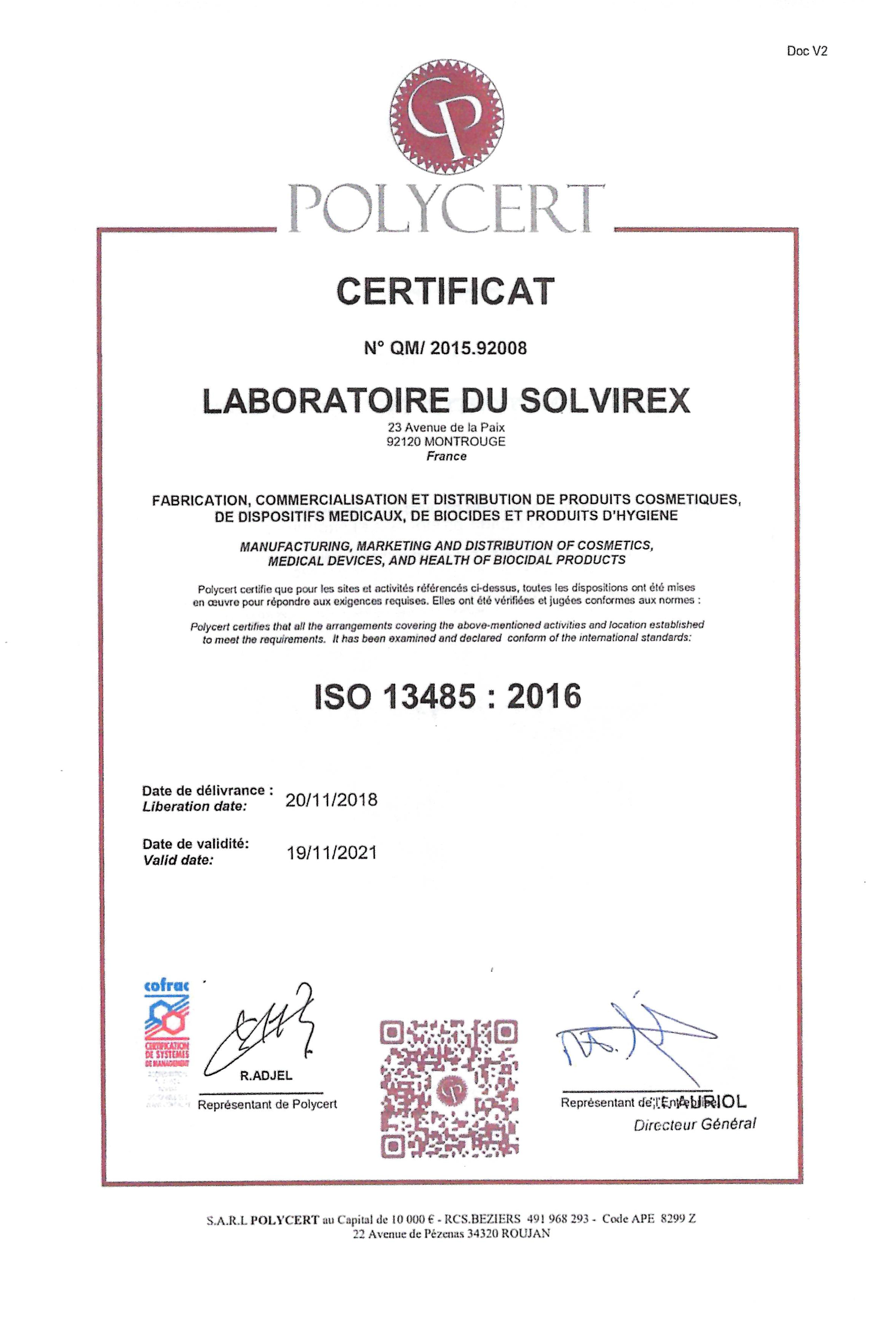 Certificat ISO13485-Solvirex visuel